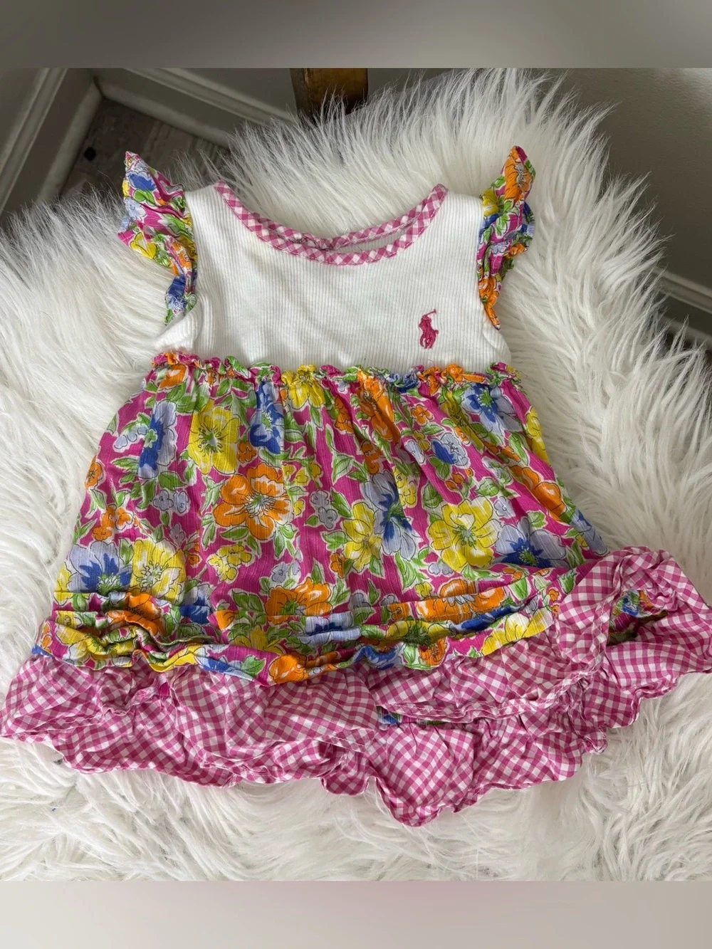 Ralph Lauren White Baby Top with Pink Gingham Trim Size 3M